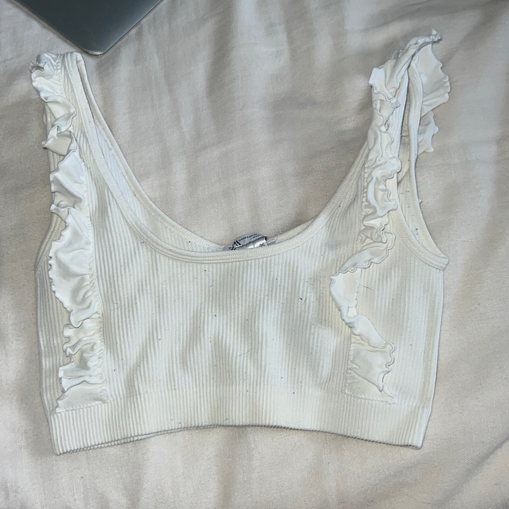 White zara ruffle top.